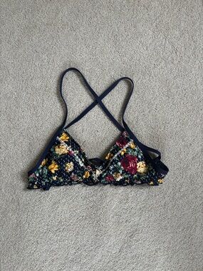 Floral Triangle Bralette in Navy with Yellow & Red Blooms
